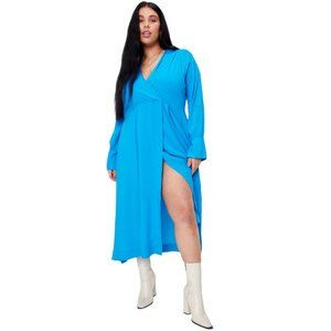 Nasty Gal Blue Long Sleeve Faux Wrap Dress Size 16